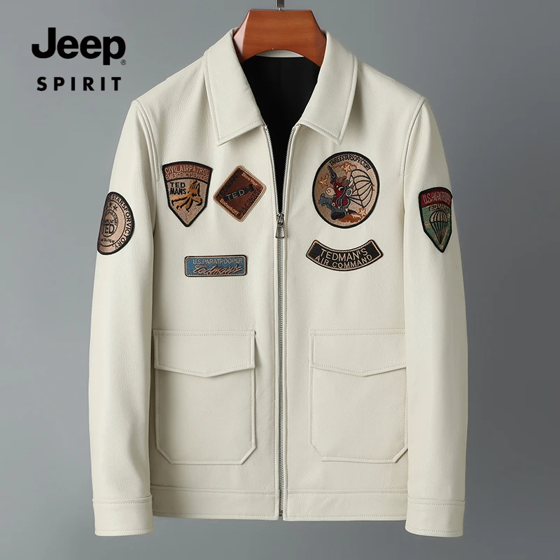 JEEP SPIRIT春季男士新款绵羊皮飞行服真皮皮衣高档时尚刺绣夹克