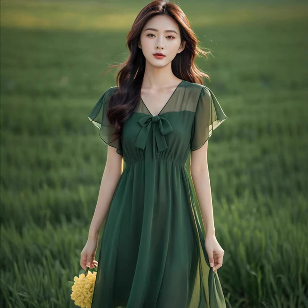 2025夏季新款爆款设计感小众气质显瘦墨绿色衬衫打底连衣裙女