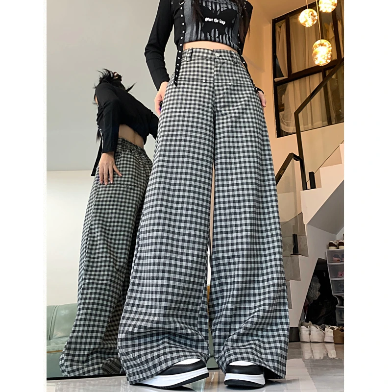 高腰炸街复古黑白格纹休闲裤女春新款显瘦百搭垂坠感拖地阔腿长裤