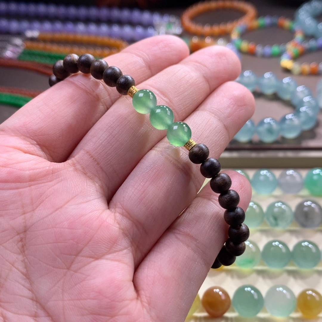 未镶嵌手链翡翠推荐！木那高冰甜绿半串 卡6.6