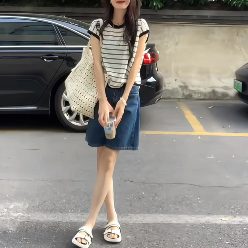 2025潮流新款套装条纹圆领上衣宽松短牛仔裤潮流时尚两件套装