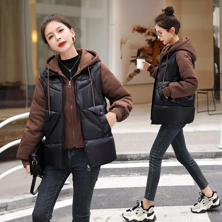 冬季新款时尚假两件撞色洋气拼接连帽棉衣