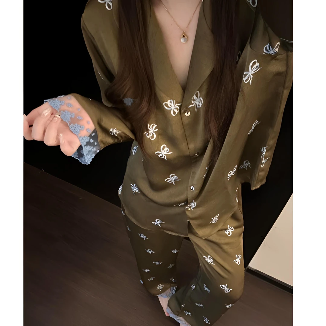 【DSYJ大睡衣家】法式甜美蕾丝蝴蝶结印花冰丝睡衣女夏季套装家居服