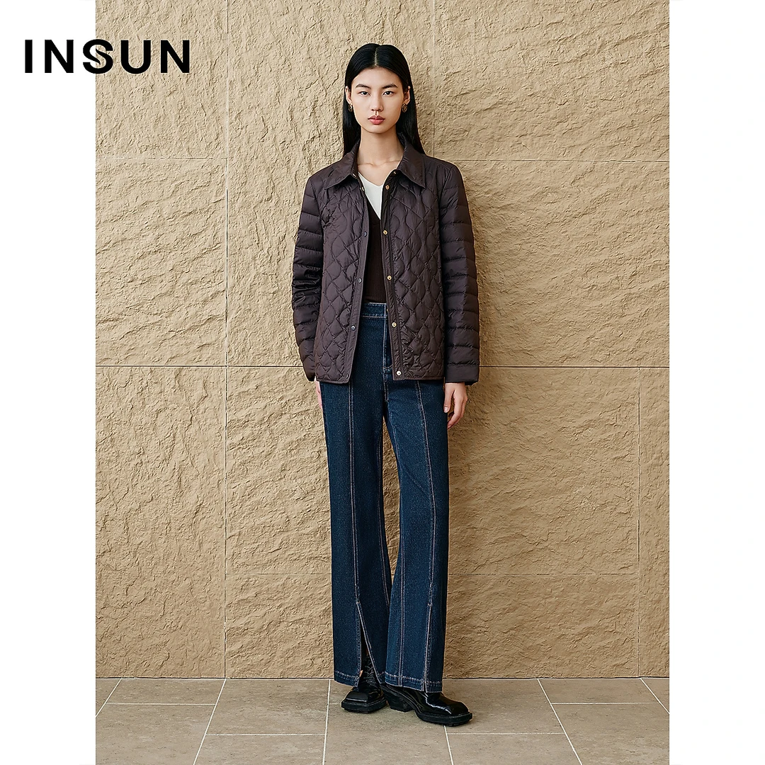 [新派简约]INSUN恩裳专选2025春季菱形格衬衫式轻薄羽绒服