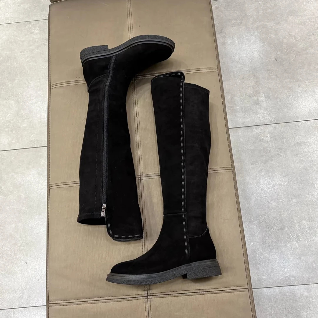 赫谷d0750秋冬新款牛皮平底圆头过膝长靴女骑士靴高筒靴