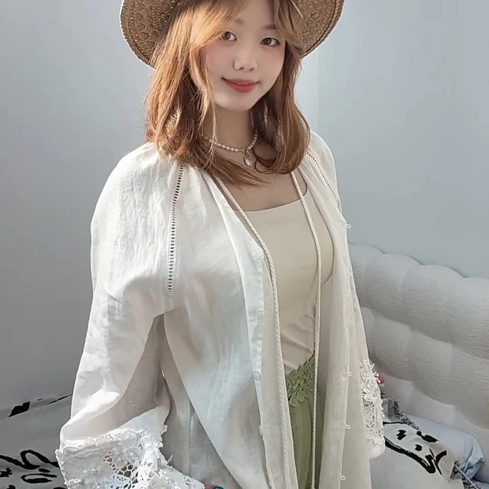 南油欧货亚麻上衣刺绣流苏白衬衫