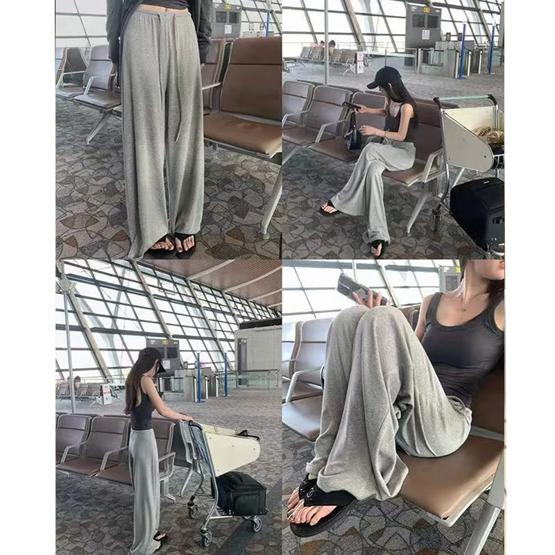 慵懒风松弛感灰色凉凉裤女秋季薄款高腰抽绳垂感休闲直筒阔腿裤子
