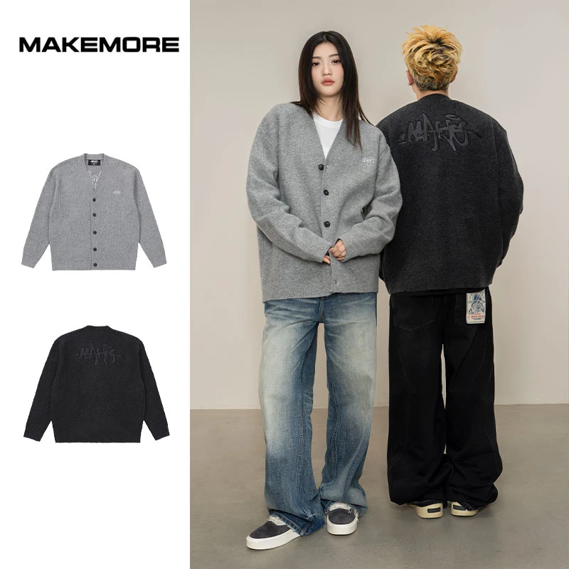 Makemore{贴皮开衫}毛衣男刺绣高级格雷系灰色休闲纽扣长袖外套潮
