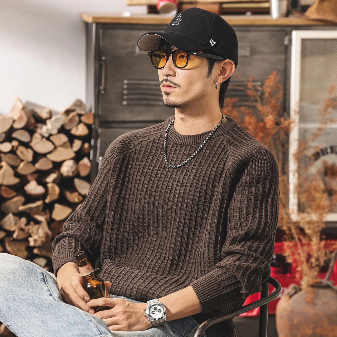 美式复古华夫格圆领针织衫男冬季新款加厚保暖套头内搭男士毛衣潮
