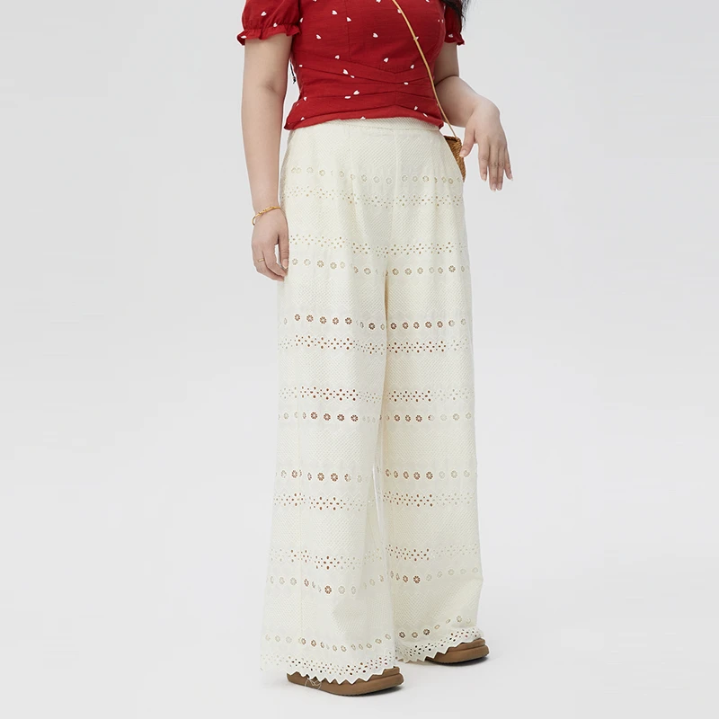 【雾隐鸢尾】大头婷微胖全棉夏季薄款长裤镂空绣花阔腿裤