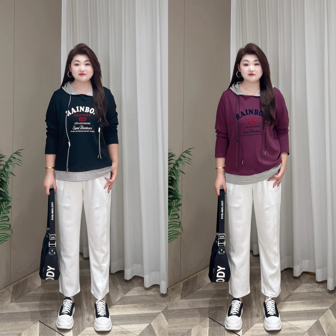 【上新上衣】PDM22463早秋新款圆领拼接休闲风显瘦宽松大码女装卫衣