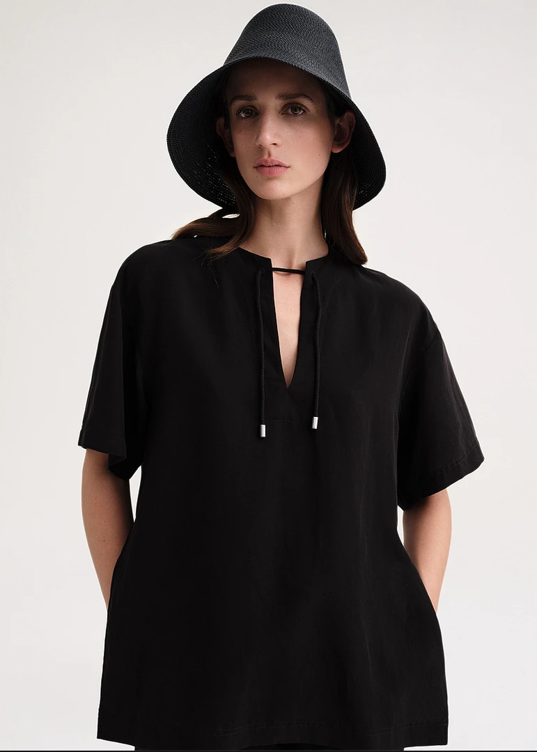 【L.BEAUTIFUL U】天丝亚麻设计抽绳V领短袖T恤UU052805