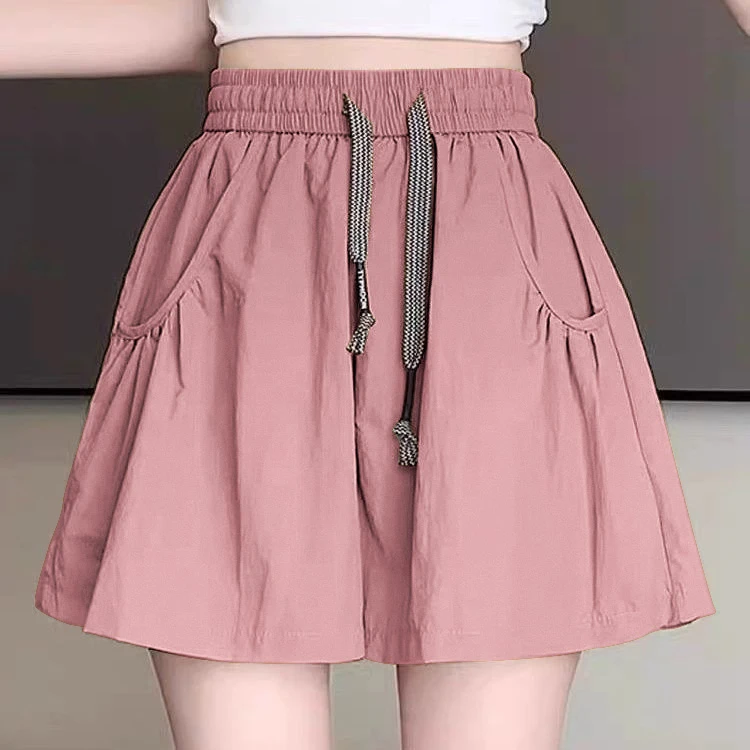 新款速干抽绳短裤女夏季薄款宽松显瘦阔腿高腰a字松紧腰休闲裤