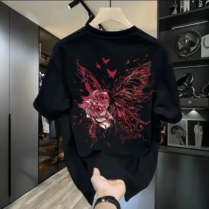 2025夏季新款美式蝴蝶玫瑰休闲情侣ins纯棉短袖T恤男女款修身上衣