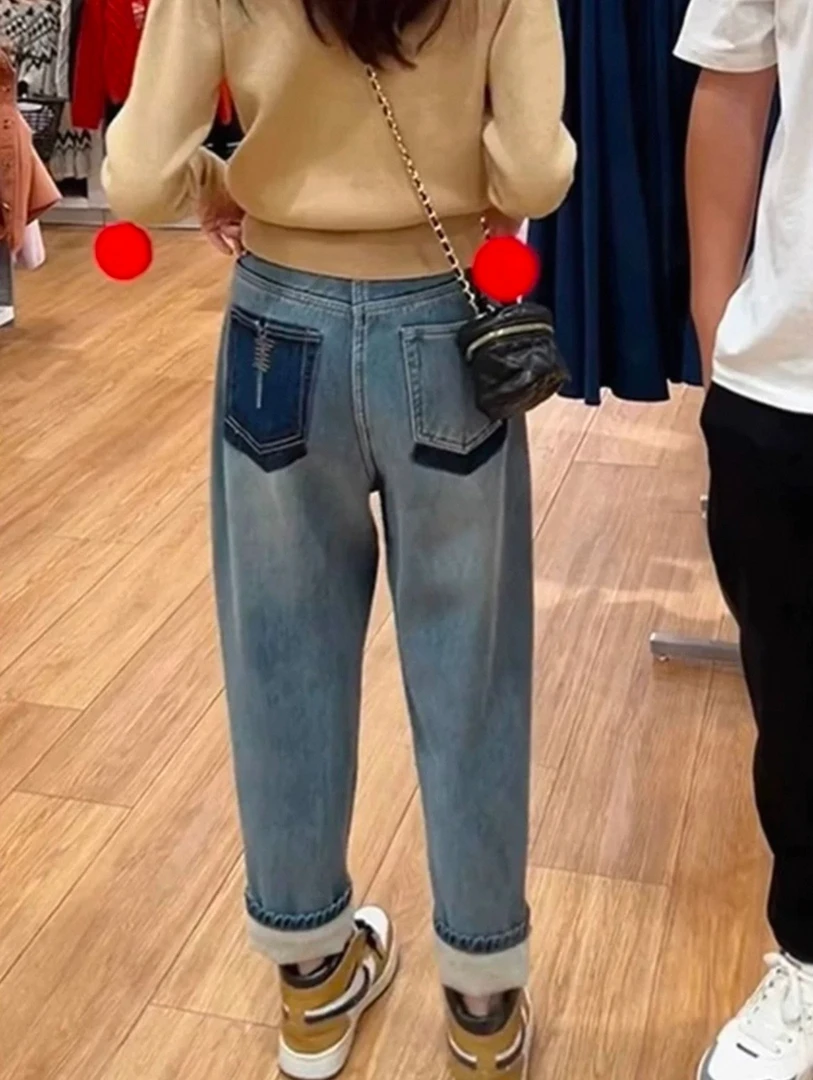 哈伦牛仔裤女春季新款梨形身材大码胖mm高腰宽松显瘦老爹萝卜裤子