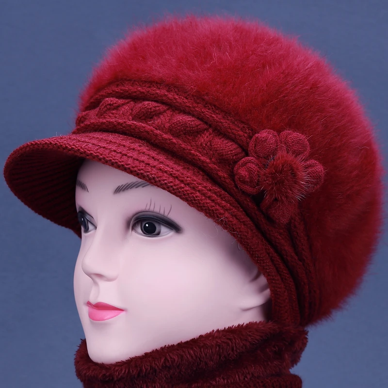 冬天帽子女中老年针织毛线帽奶奶加绒保暖兔毛帽妈妈加棉厚鸭舌帽