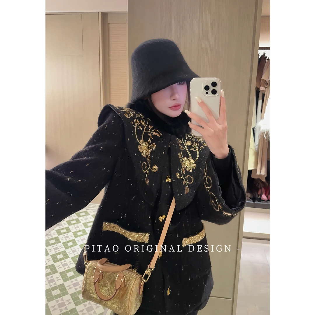 杜屁屁桃PITAO 原创【墨染秋意】新款秋冬轻奢新中式90白鸭绒羽绒服