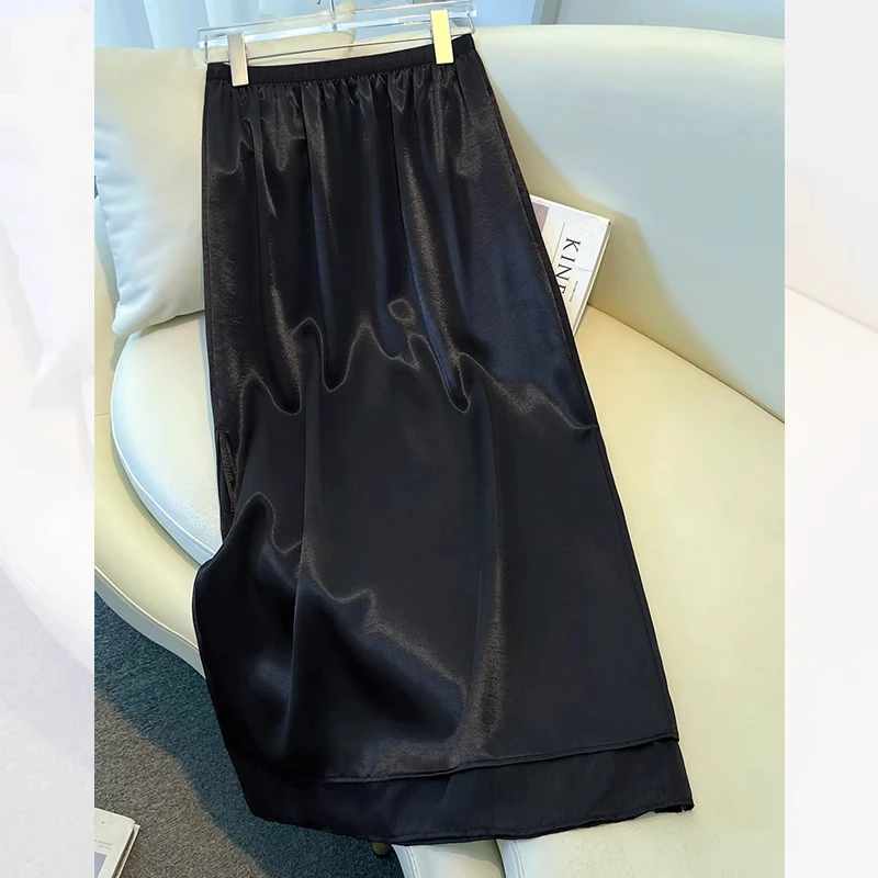 拉夏贝尔黑色醋酸网纱半身裙夏薄款2025新款缎面垂坠感a字包臀裙