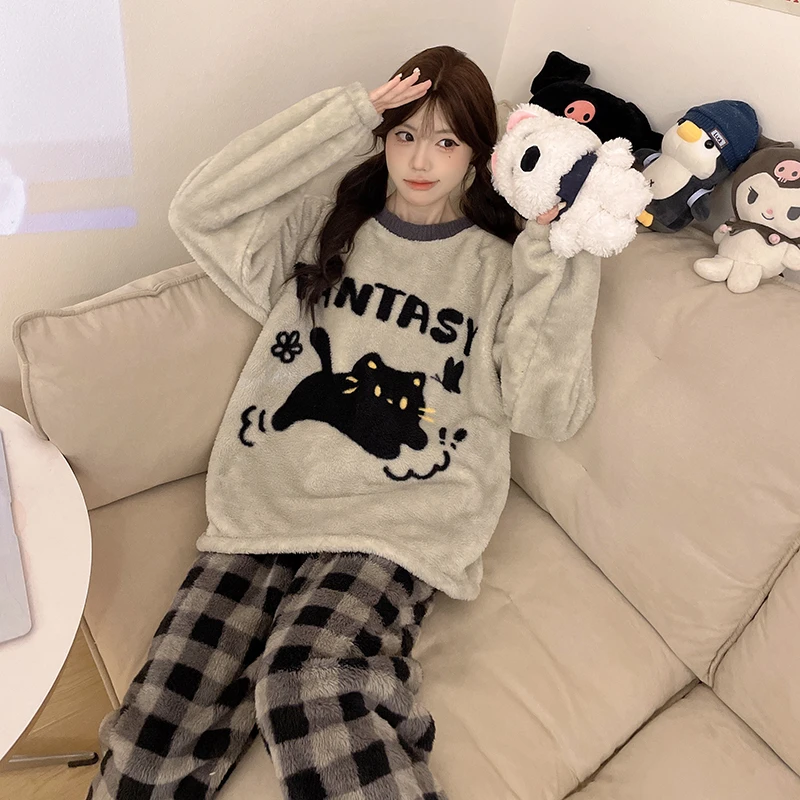 冬季睡衣女新款家居服套装网红毛绒卡通保暖甜美加绒加厚可外穿