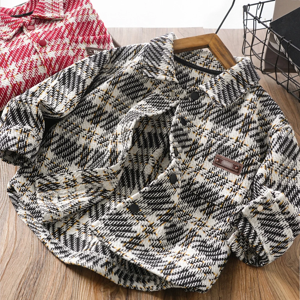 儿童男童春秋新款字母贴标口袋格子衬衫中大童翻领百搭上衣24C35