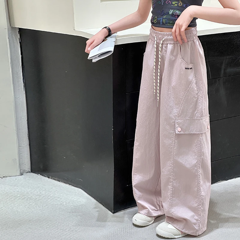 2025夏季新款女童裤子工装裤黑色儿童中大童防蚊裤薄阔腿6-12岁