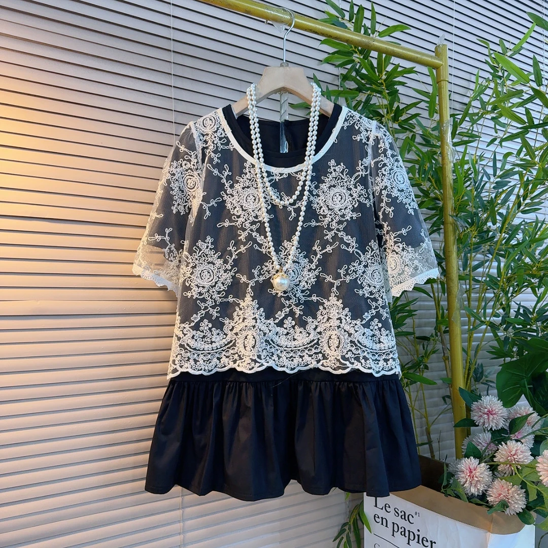 1922胖mm欧货时尚设计感爆款蕾丝刺绣花边短袖叠加宽松打底套装