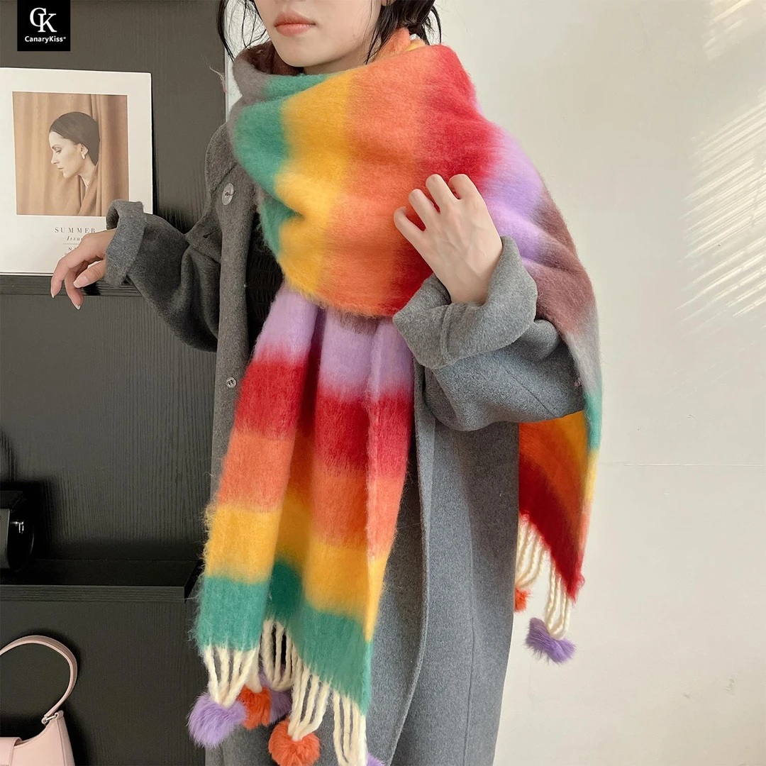 CanaryKiss多巴胺色系彩虹围巾女秋冬季保暖甜美风高级感护颈围脖