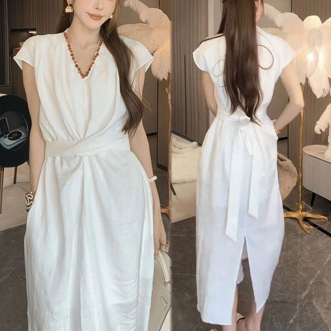 【小小辣专属 】韩系高级感气质显瘦轻奢v领无袖连衣裙女26229