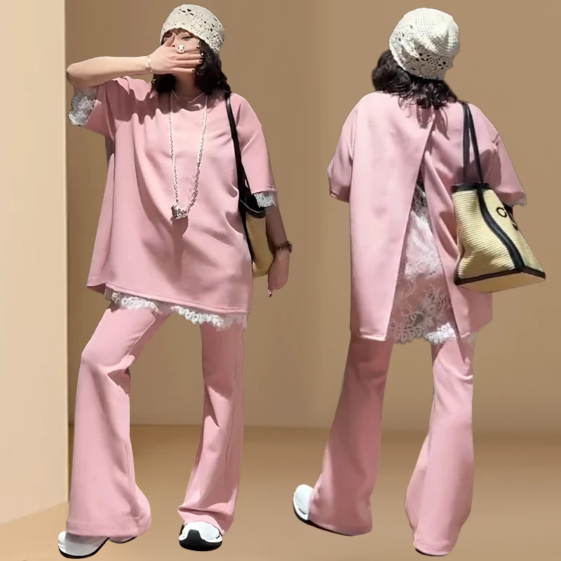 高级感气质套装女2025新款蕾丝拼接短袖T恤高腰宽松阔腿裤两件套