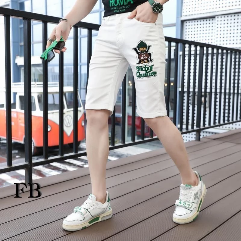 夏季牛仔短裤男白色五分裤欧版潮流修身中裤子刺绣弹力休闲马裤薄