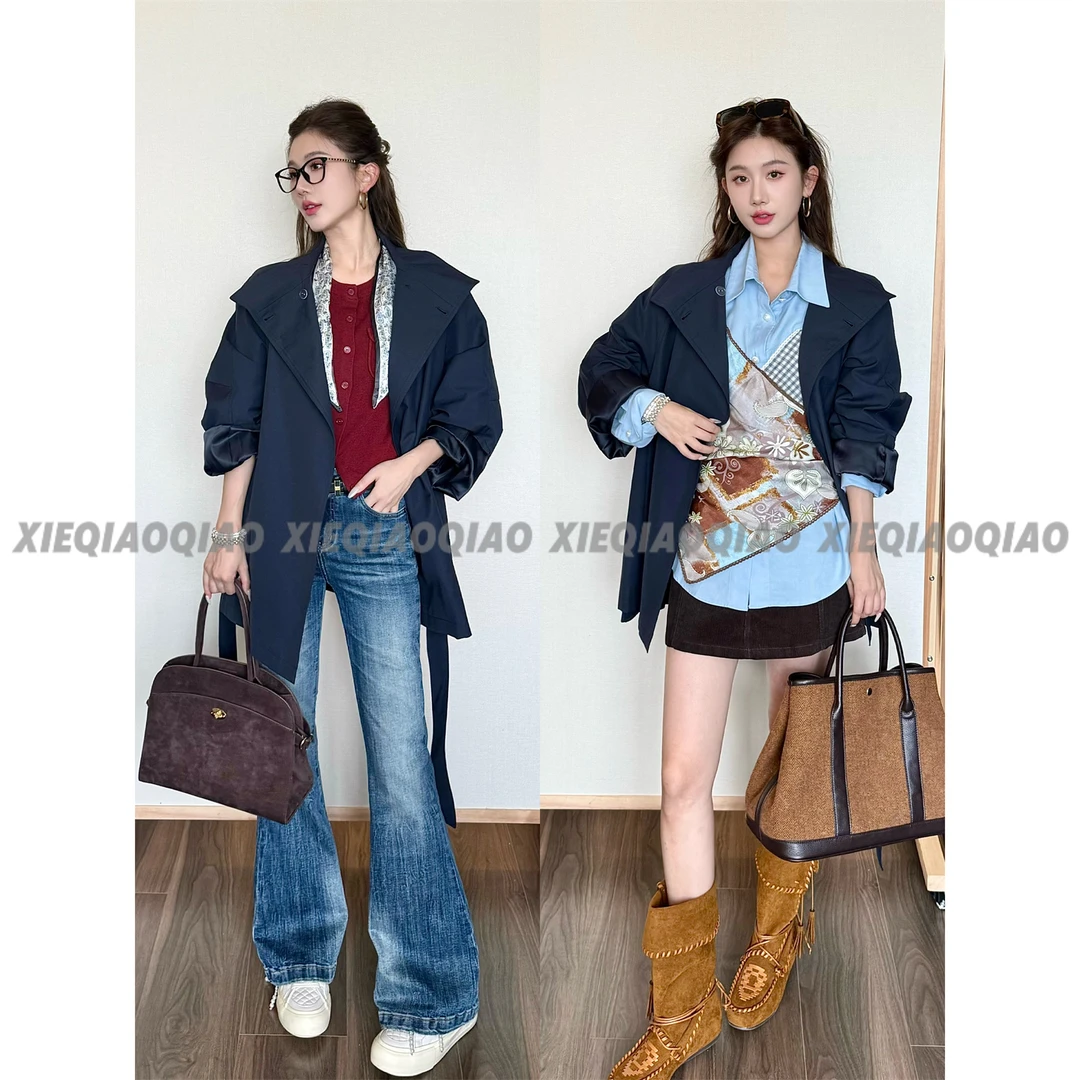 谢荞荞「维港听风」早秋新款立领一粒扣束腰绑带宽松中长款风衣外套