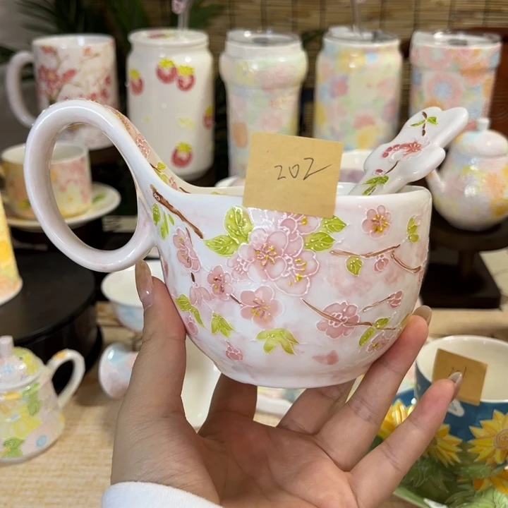 陶瓷手柄款桃花早餐碗