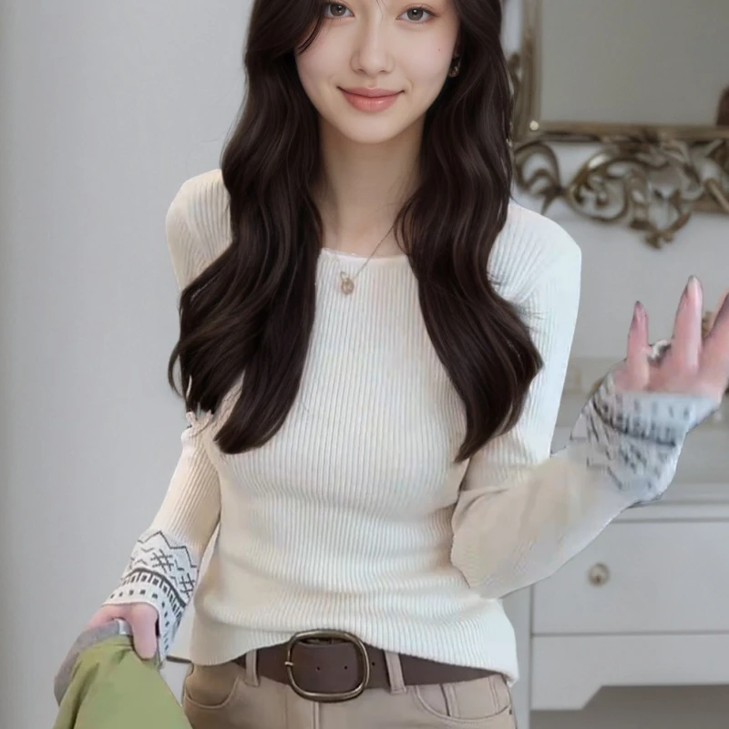 时尚休闲百搭杏色长袖针织衫慵懒减龄上衣LK2508085