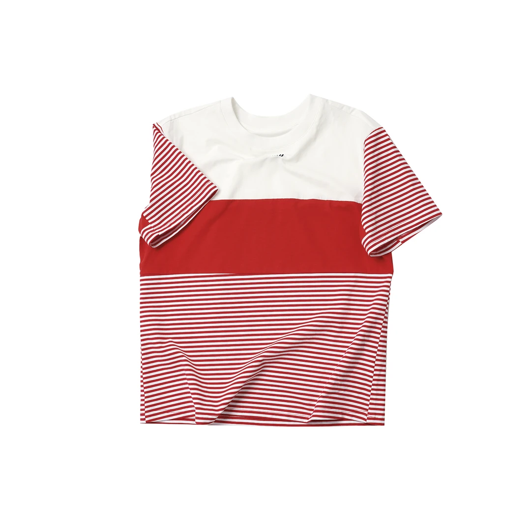 【拼接条纹绣花短袖】TXCL56185夏季新款撞色显白宽松T恤