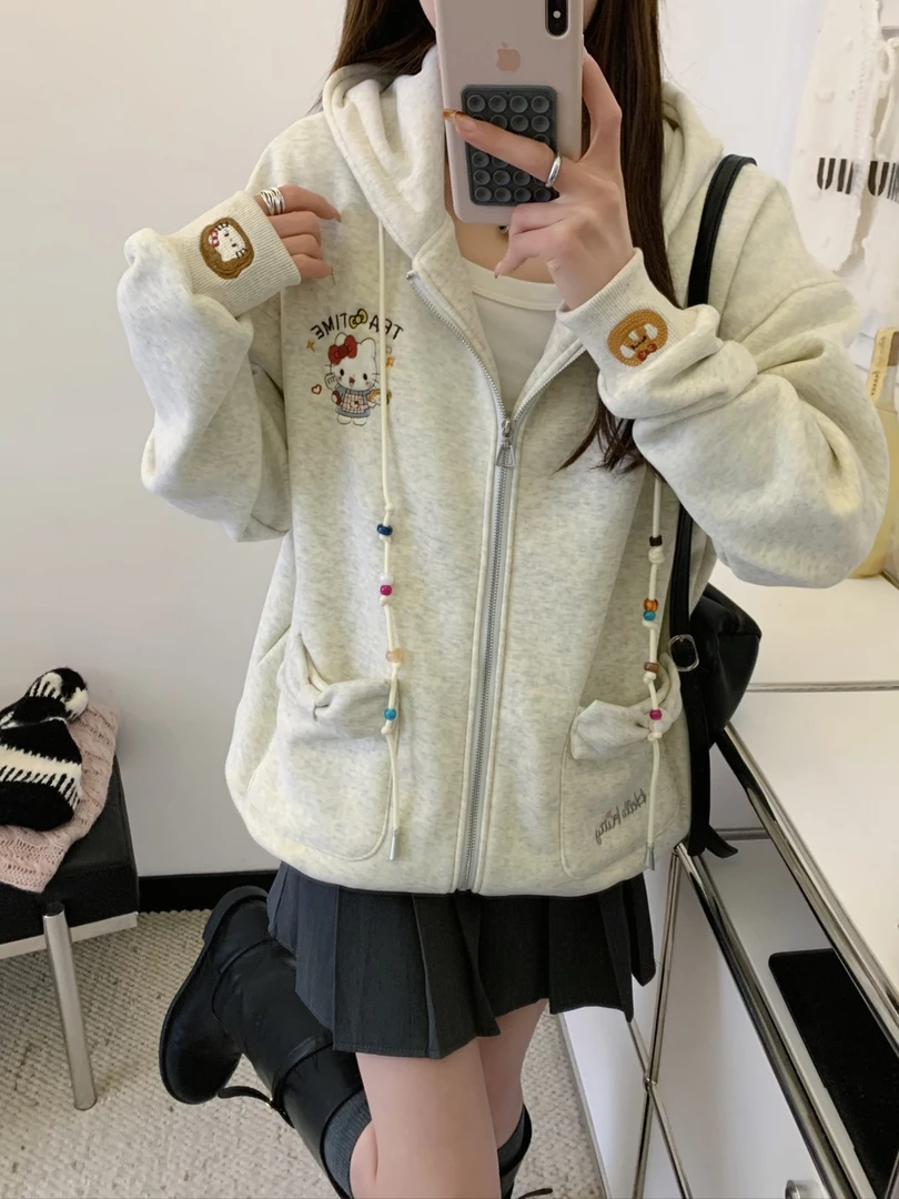 2025冬季新款加绒加厚连帽卫衣外套女拉链长袖猫咪宽松连帽开衫