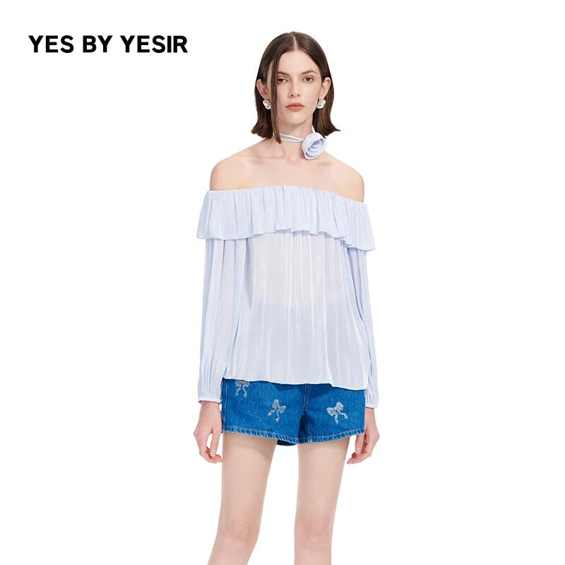 叶谦原创设计25夏新款冰川蓝浪漫立体花流光纱上衣