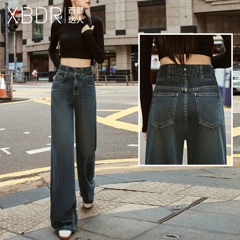 西部达人高腰加绒直筒阔腿牛仔裤女修身百搭2025年秋冬新款港风