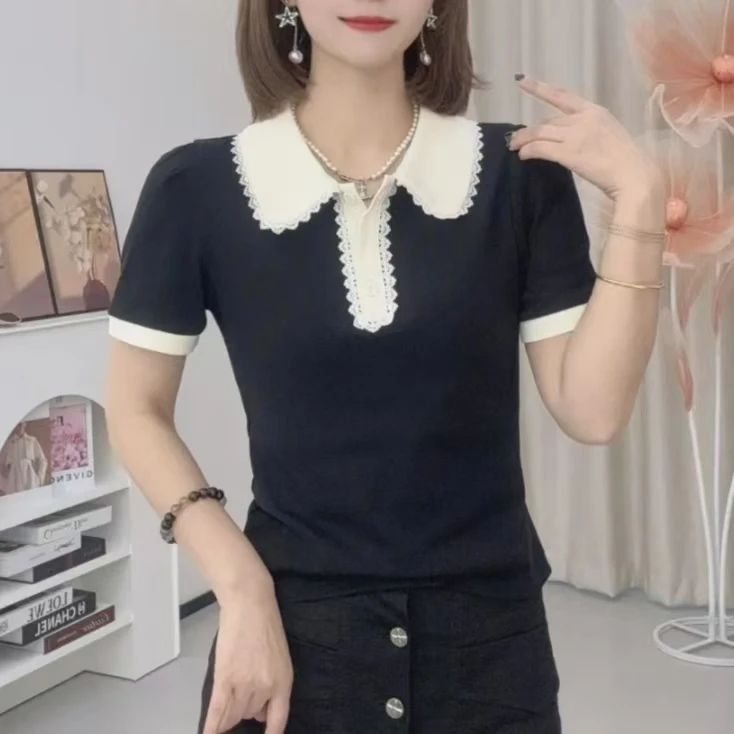 2025夏季新款 t恤领口蕾丝拼接时尚百搭修身显瘦女短袖