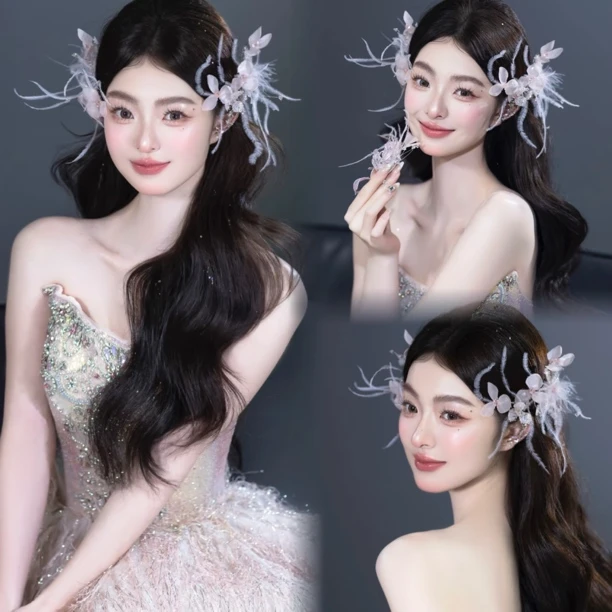 君心家 A1甜美粉色羽毛花花边夹一对新娘饰品