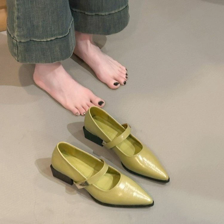 绝美粗跟尖头单鞋女2025新款春夏季一字扣玛丽珍小皮鞋法式高跟鞋