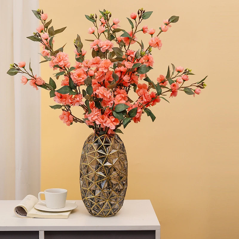 山茶花双叉绢布材质可水洗双色山茶花槟橘色系高支可落地仿真花束