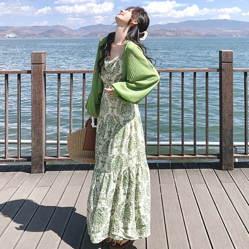 波西米亚度假风碎花连衣裙套装女2025春夏新款针织开衫长裙两件套