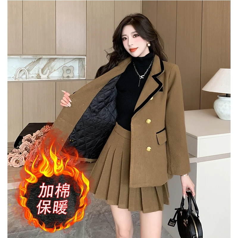 小香风漂亮套装女秋冬夹棉保暖毛呢外套两件套西装百褶裙3306