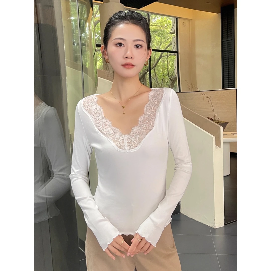 v领白色打底衫女2025新款秋季韩系高级感蕾丝拼接长袖t恤内搭上衣