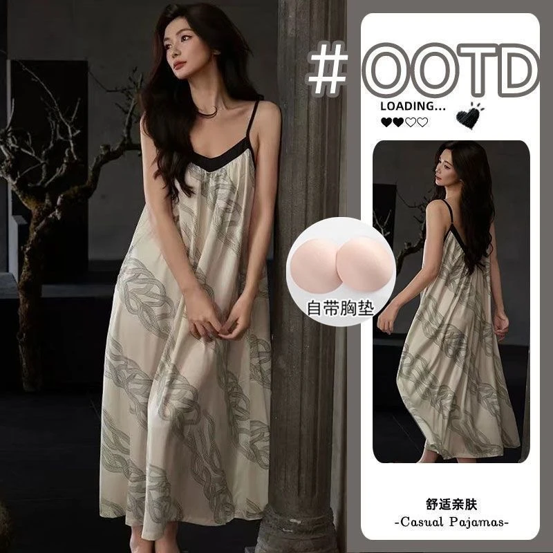 网红热卖同款睡裙纯欲风性感长裙带胸垫性感女睡衣棉质法式家居服