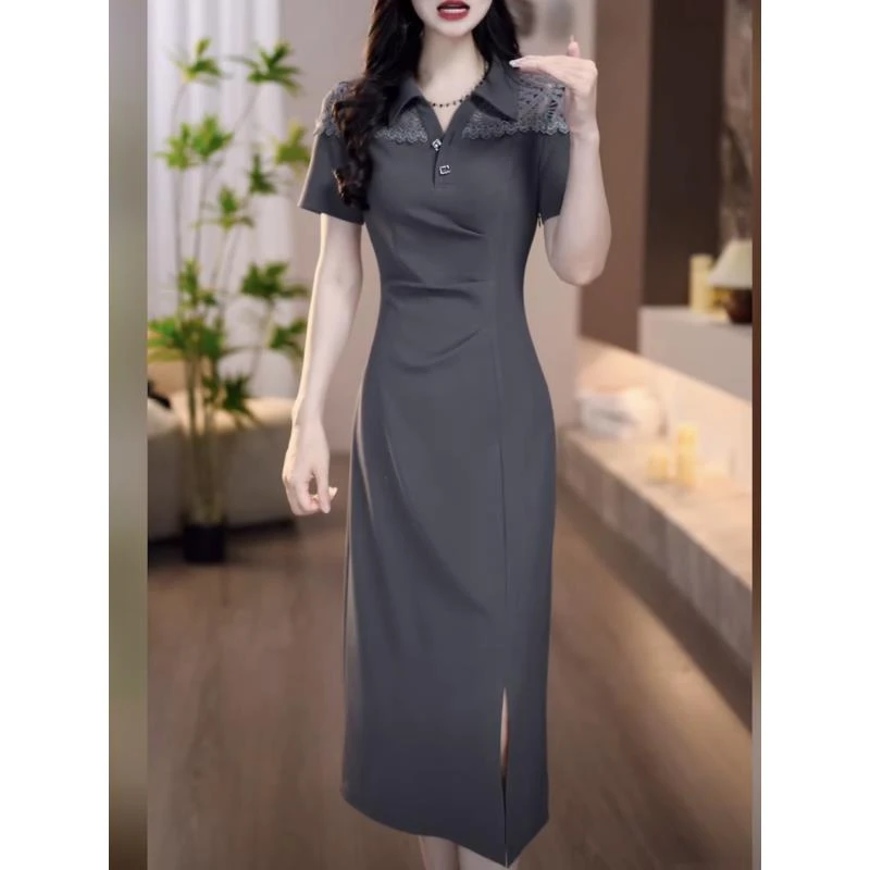 【连衣裙】2025夏季灰色翻领洋气时尚收腰显瘦活力减龄连衣裙