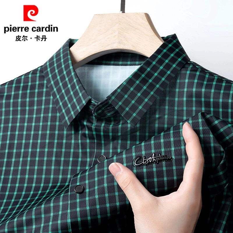 Pierre Cardin夏季薄款半袖中年翻领格子上衣日常宽松时尚男装