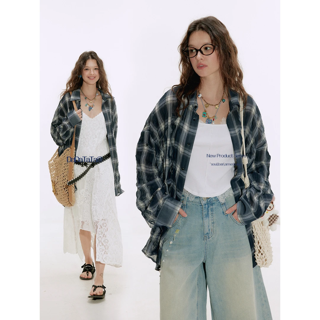 晶咕白标DADATATA【随性经纬】美式复古慵懒风薄款格纹休闲衬衫