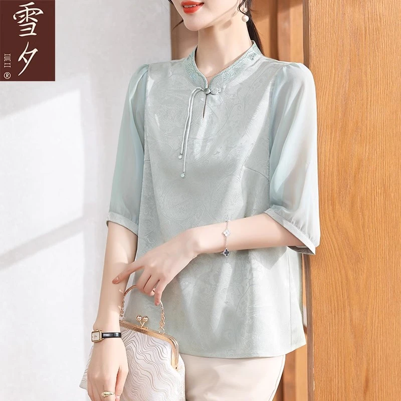 2025新款妈妈夏装新中式短袖小衫洋气衬衫中老年女装时尚雪纺上衣