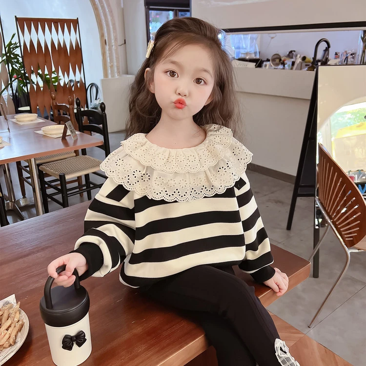 女童卫衣春秋款2025新款洋气条纹儿童秋季长袖女宝宝秋装时髦上衣